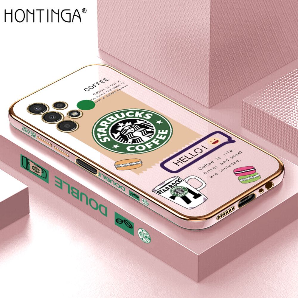 Hontinga for Samsung Galaxy A13 4G Back Cover + Free Lanyard Luxury 6D Plating Fashion Coffee Side Pattern Case Soft Silicone Square Phone Cases