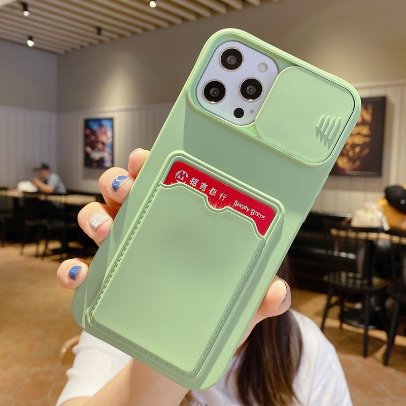 Soft Wallet Card Holder Phone Case for iPhone 13 12 11 Pro Max X XR XS Max 6 6S 7 8 Plus SE2 Slide Camera Protection Candy Cover