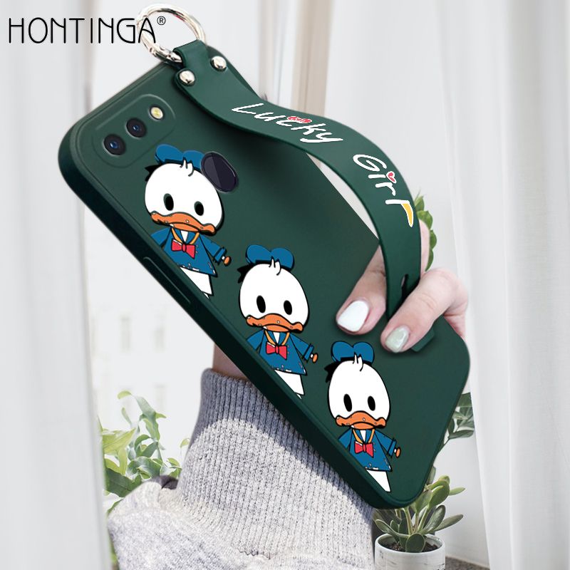 Hontinga for OPPO R15 Wrist Strap Case Cute Cartoon Little Duck Phone Case Square Edge Liquid Silicone Case Full Cover Camera Shockproof Protective Cases