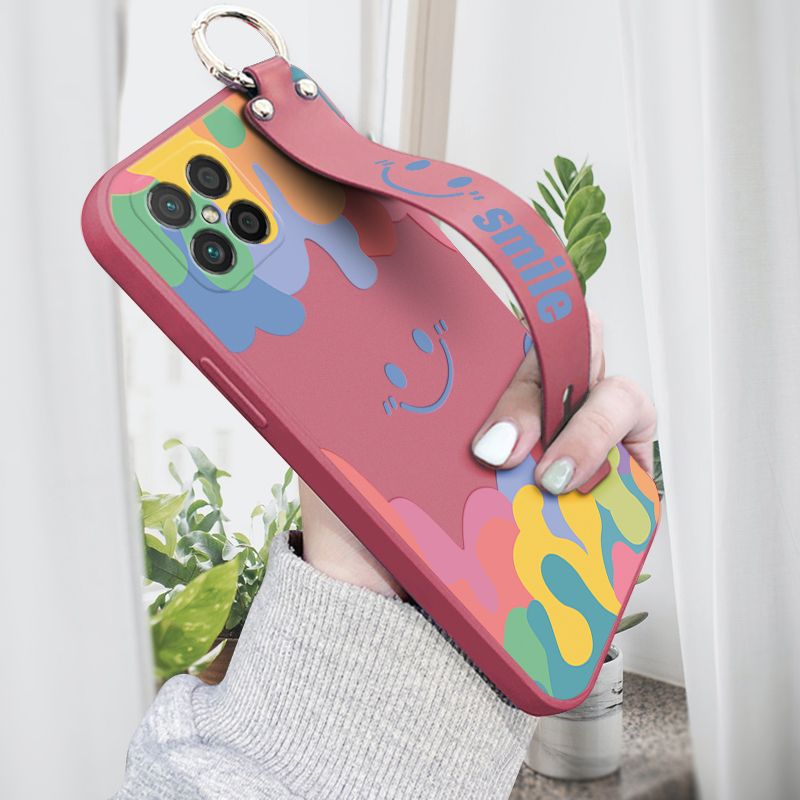 Hontinga for Huawei Nova 8 SE Wrist Strap Case Soft Candy Color Splash Ink Cover Trend Square Printed Pattern Liquid Silicone Phone Case