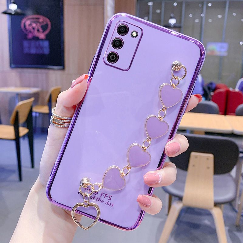 For Samsung Galaxy A03s Back Cover with Love Heart Chain Wrist Strap Fashion Bracelet Shiny Plating Bumper Protective Case Silicone Shockproof Mobile Phone Cases
