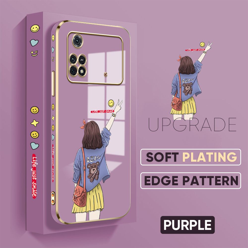 TA for Xiaomi Poco M4 Pro Back Cover + Free Lanyard Happy Girl Luxury 6D Plating Case Side Pattern Soft Silicone Square Phone Cases