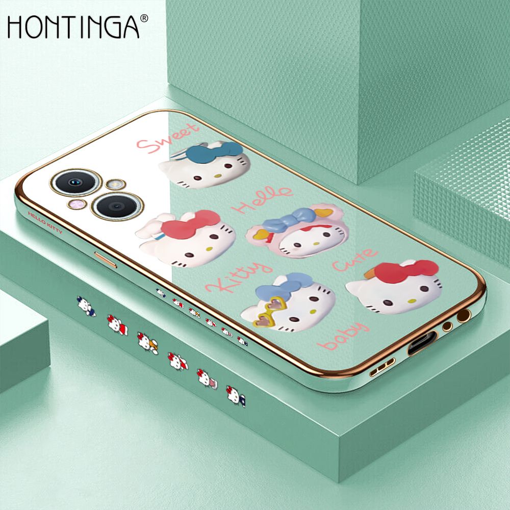 Hontinga for OPPO F21 Pro 5G/Reno7 Z 5G Back Cover + Free Lanyard Luxury 6D Plating Cartoon Cute Kitty Side Pattern Case Soft Silicone Square Phone Cases