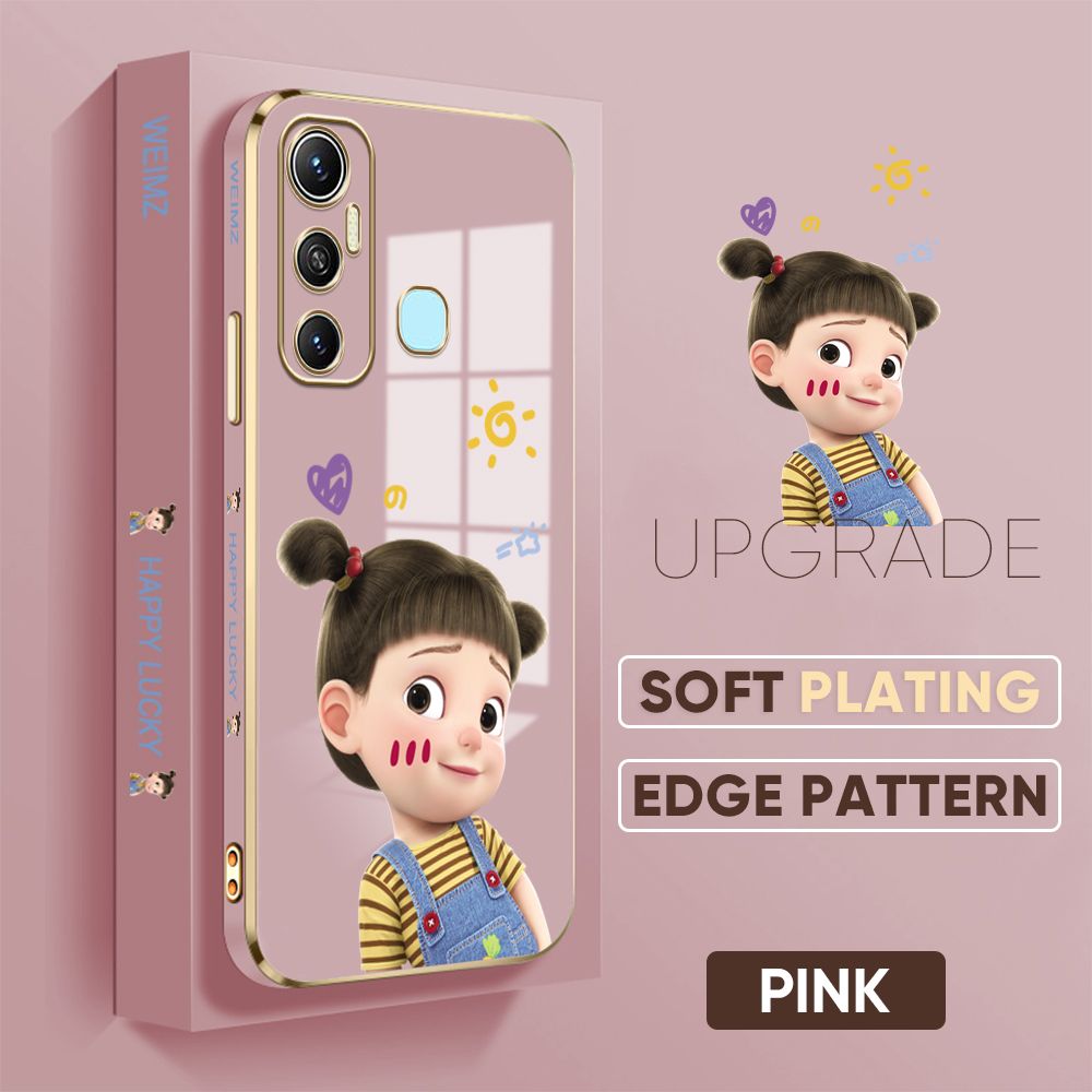 TA for Infinix Hot 11 Back Cover + Free Lanyard Naughty Girl Luxury 6D Plating Case Side Pattern Soft Silicone Square Phone Cases