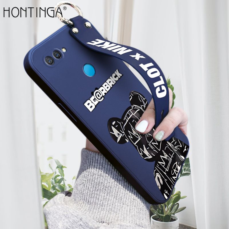 Hontinga for OPPO A12 Wrist Strap Case Fashion Black Brand Bear Phone Case Square Edge Liquid Silicone Cases Full Cover Camera Shockproof Protection Cases