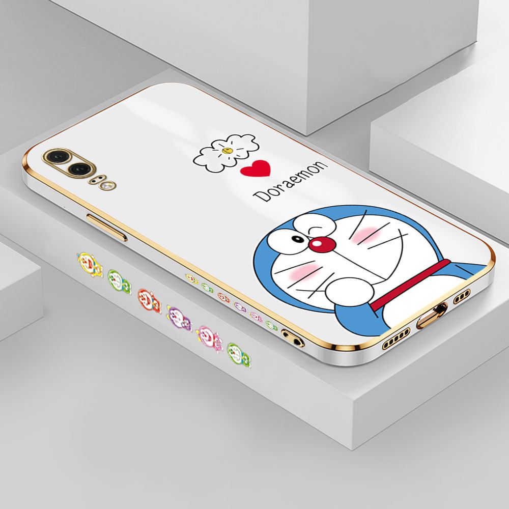 Hontinga for Huawei P20 Back Cover + Free Lanyard Luxury 6D Plating Grinning Cartoon Cat Side Pattern Case Soft Silicone Square Mobile Cover
