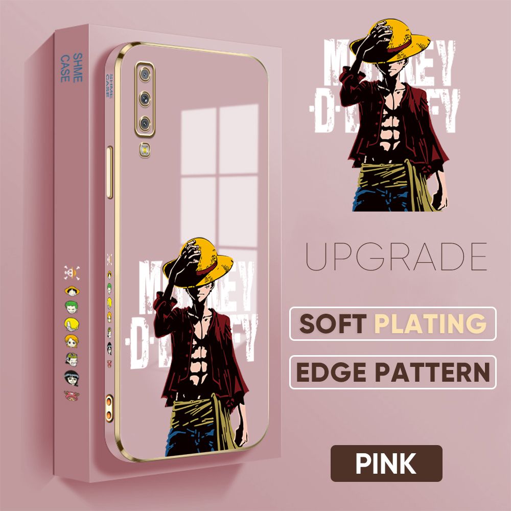 TA for Samsung Galaxy A7 2018 A750 Back Cover + Free Lanyard Handsome Luffy Luxury 6D Plating Case Side Pattern Soft Silicone Square Phone Cases