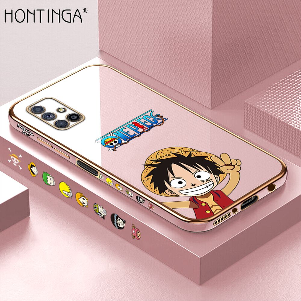 Hontinga for Samsung M51 Back Cover + Free Lanyard Luxury 6D Plating Anime Cartoon Happy Luffy Side Pattern Case Soft Silicone Square Mobile Cover