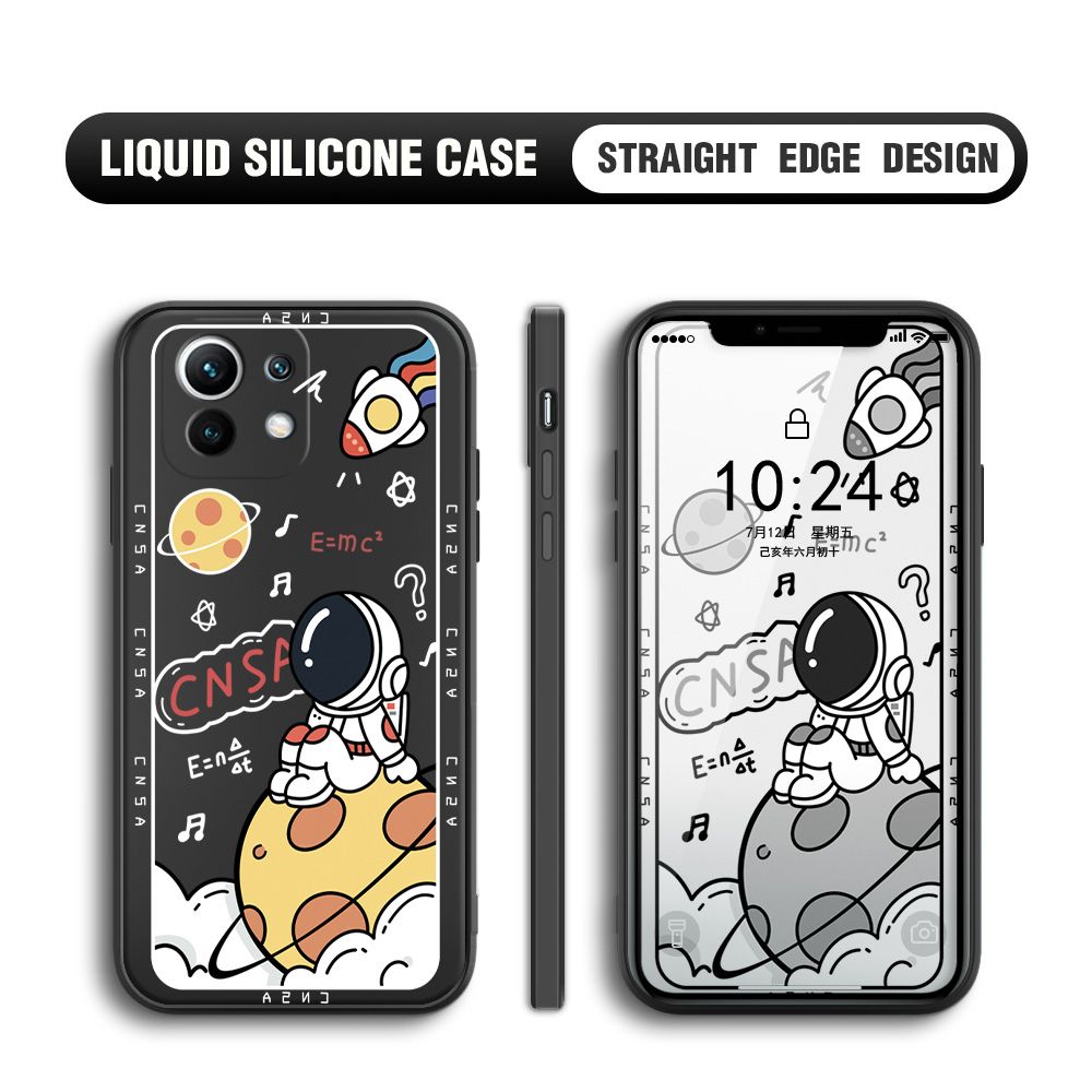BILI for Xiaomi 11 Back Cover Little Astronaut Sit In Planet Multicolor Liquid Silicone Phone Case Soft Square Lens Protection Phone Cases
