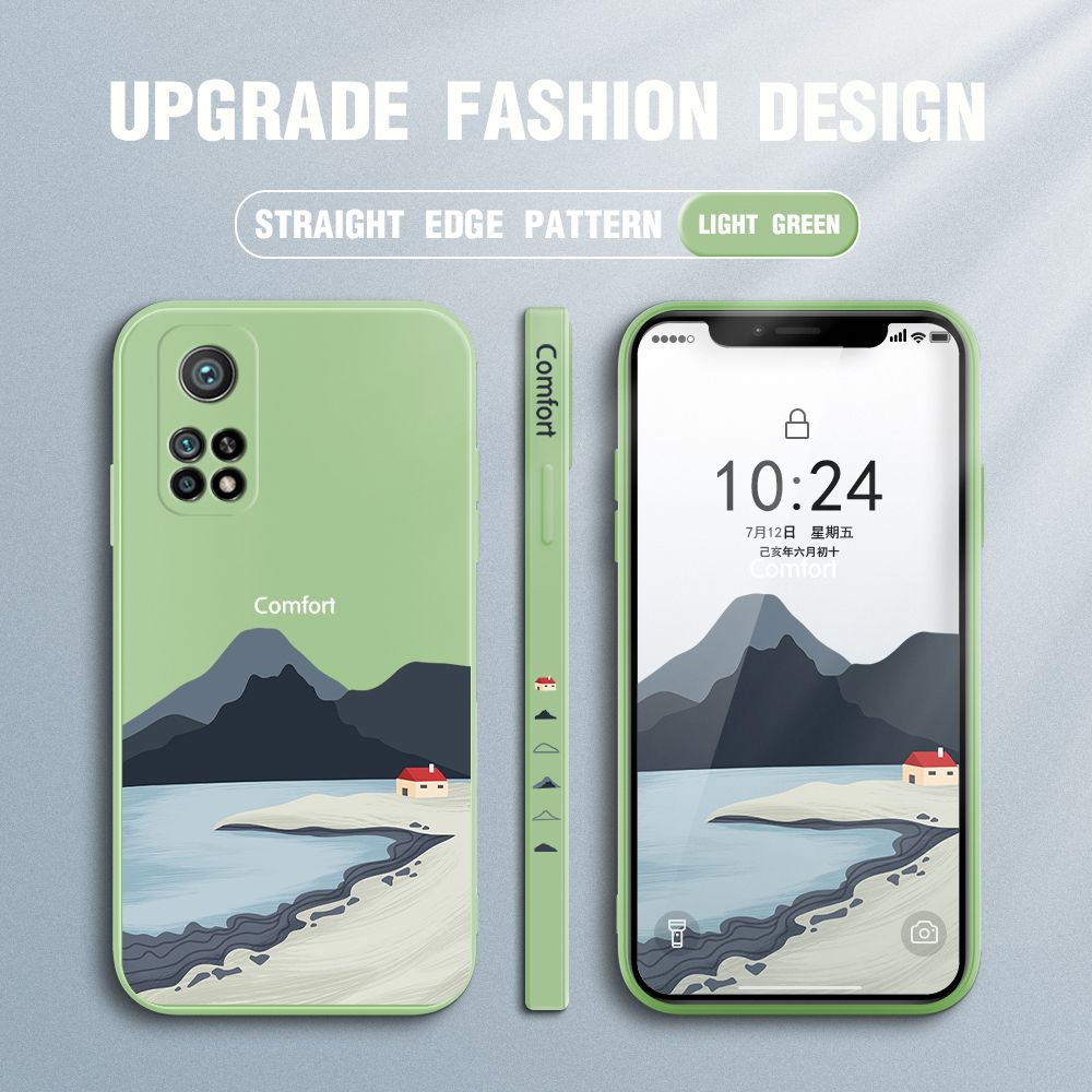 Jizetin for Xiaomi Mi 10T / 10T Pro Case Mount Fuji Design Side Design Phone Case Square Edge Pattern Liquid Silicone Cases Full Cover Camera Shockproof Protective Case