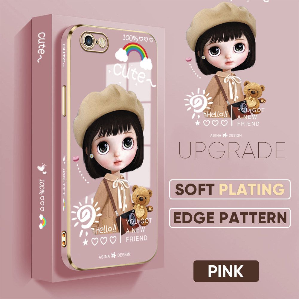 Jizetin (Free Lanyard) iPhone 6S / iPhone 6 Case Luxury 6D Plating Soft Casing Silicone Square Frame Phone Case Shiny Bling Back Cover Cute Sunshine Girl New design Side Drawing Case