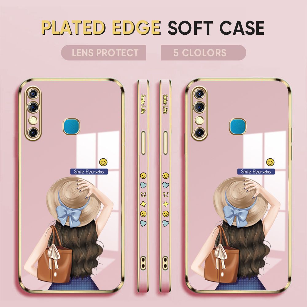 Luxury 6D Plating Case for Infinix Hot 8 / Hot 8 Pro Back Cover Cartoon Hat Girl Side Pattern Soft Silicone Square Phone Cases