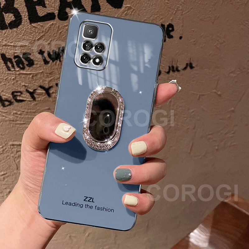 For Xiaomi Redmi 10 Prime / Redmi 10 Back Cover + Rhinestone Ring Holder Stand Shiny Plating Square Bumper Girls Phone Case Soft TPU Silicone Shockproof Protective Cover