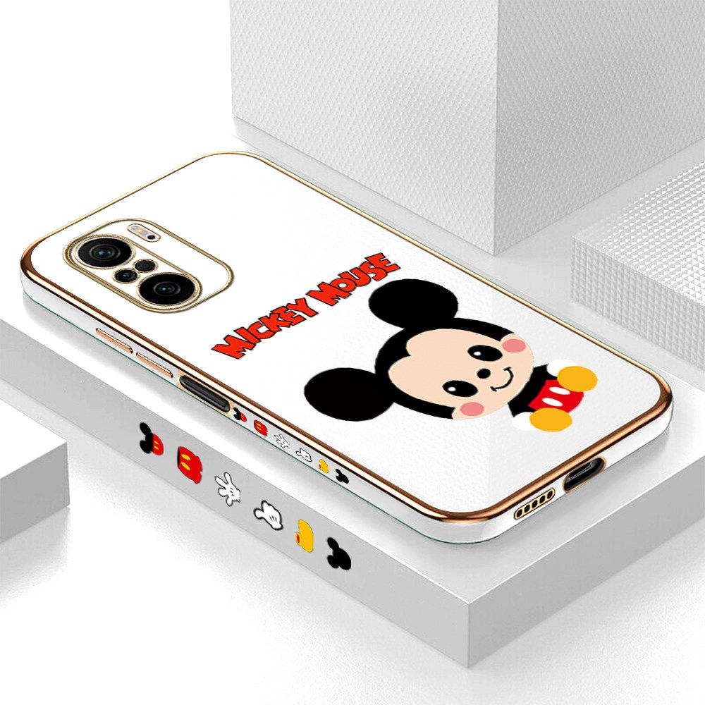 Luxury 6D Plating Case for Redmi K40 Cute Cartoon Mouse Side Pattern Back Cover Soft Silicone Square Frame Shiny Bling Phone Cases + Free Lanyard