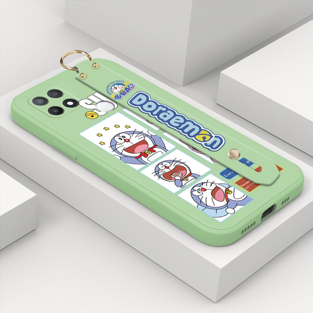 ZeroQiQi for OPPO A15 Wrist Strap Case Cute Cute Cartoon Blue Cat Daily Life Cover Square Edge Liquid Silicone Creative Phone Protective Cases