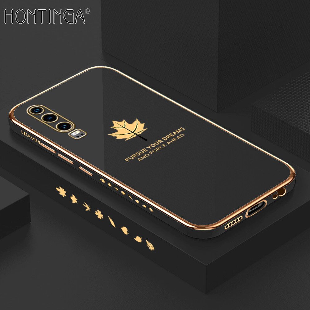 Hontinga for Huawei P30 Back Cover + Free Lanyard Luxury 6D Plating Shiny Maple leaf Phone Case Soft Silicone Square Mobile Cover