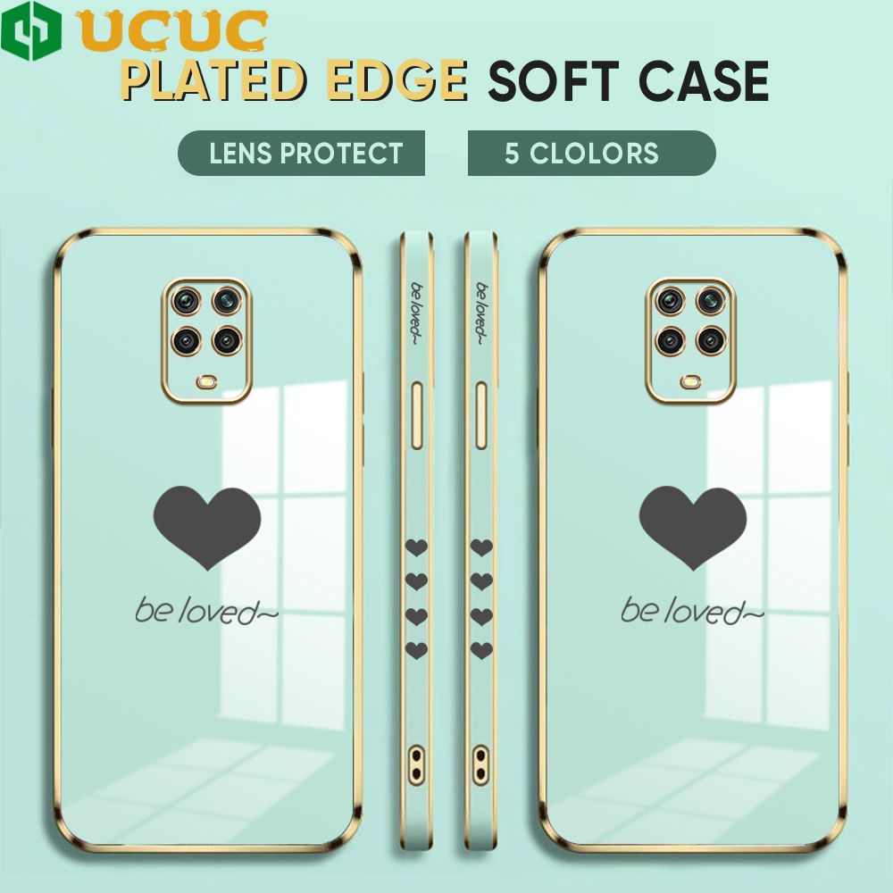 UCUC for Redmi Note 9 Pro / Note 9S / Note 9 Pro Max Back Cover + Free Lanyard Lover Heart Luxury 6D Plating Case Side Pattern Soft Silicone Square Phone Cases