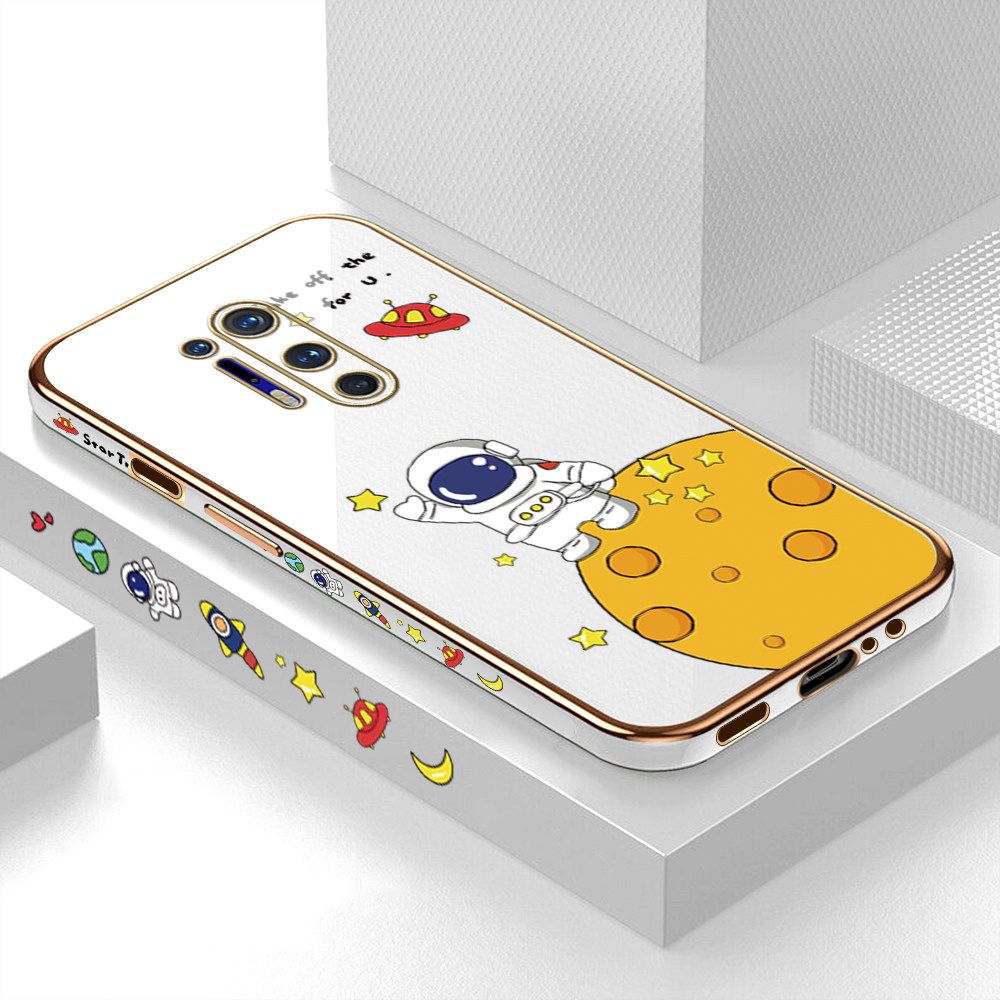 Luxury 6D Plating Case for OnePlus 8 Pro Cute Cartoon Happy Astronaut Side Pattern Back Cover Soft Silicone Square Frame Shiny Bling Phone Cases + Free Lanyard