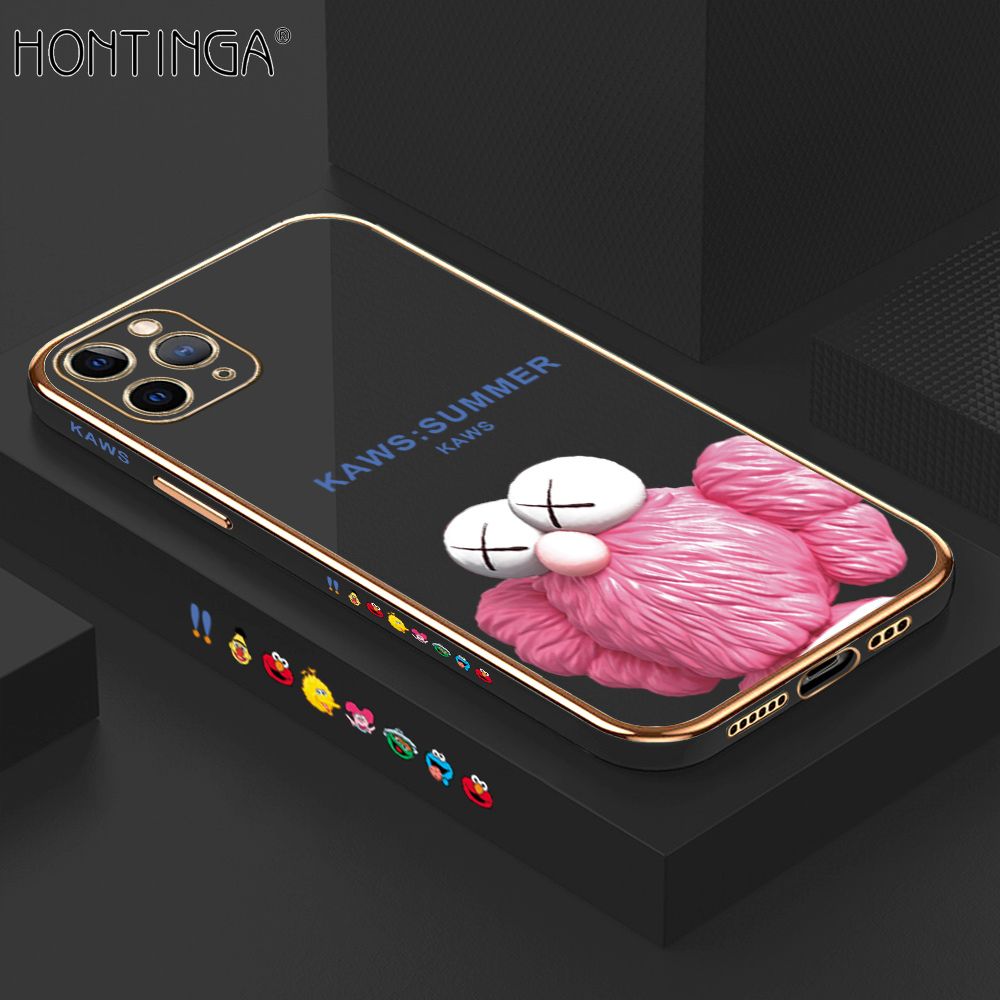 Hontinga for iPhone 11 Pro Luxury 6D Plating Soft Casing Silicone Square Frame Phone Case Shiny Bling Back Cover Pink Doll Side Pattern Case