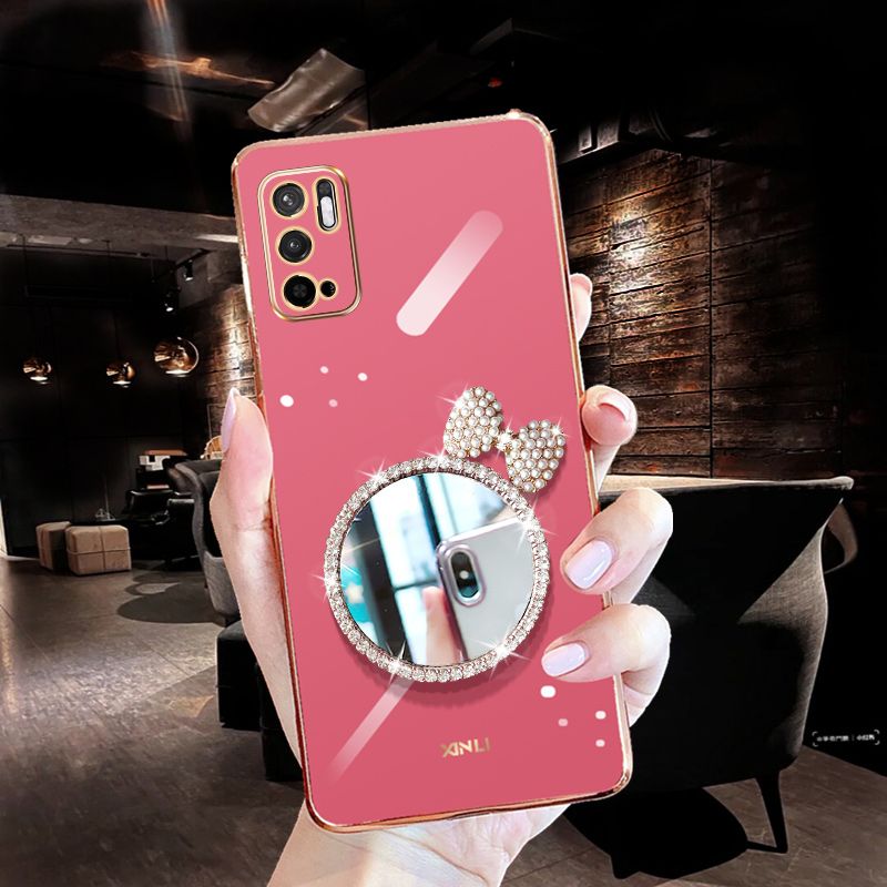 For Xiaomi POCO M3 Pro 5G Back Cover + Bowknot Makeup Mirror Fashion Shiny Plating Square Bumper Bling Girls Phone Case Soft TPU Silicone Shockproof Back Cover