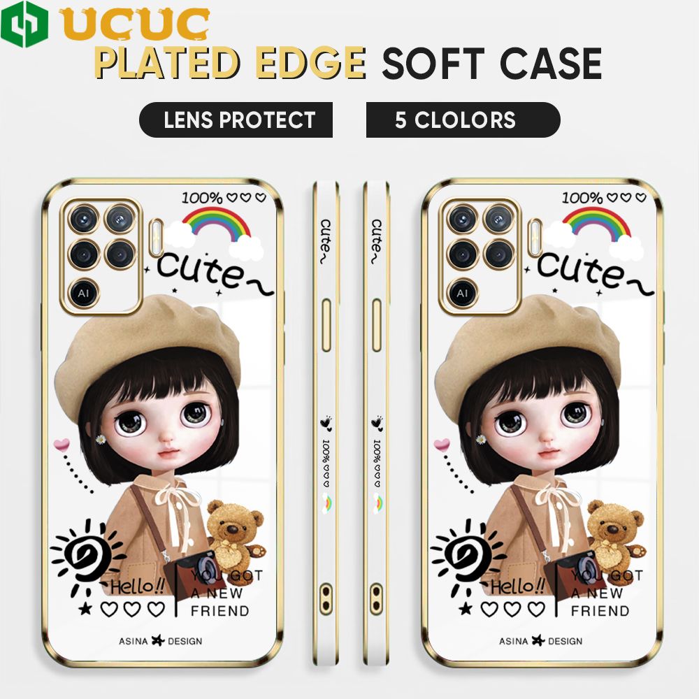 UCUC for OPPO F19 Pro / A94 4G / Reno 5 Lite / Reno5 F Back Cover + Free Lanyard Sunshine Girl Luxury 6D Plating Case Side Pattern Soft Silicone Square Phone Cases