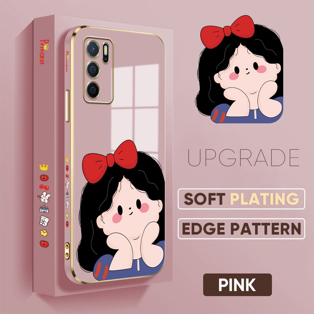 Jizetin (Free Lanyard) OPPO A16 Cover Bow Girl Luxury 6D Plating Soft Casing Silicone Square Frame Phone Case Shiny Bling Back Cover