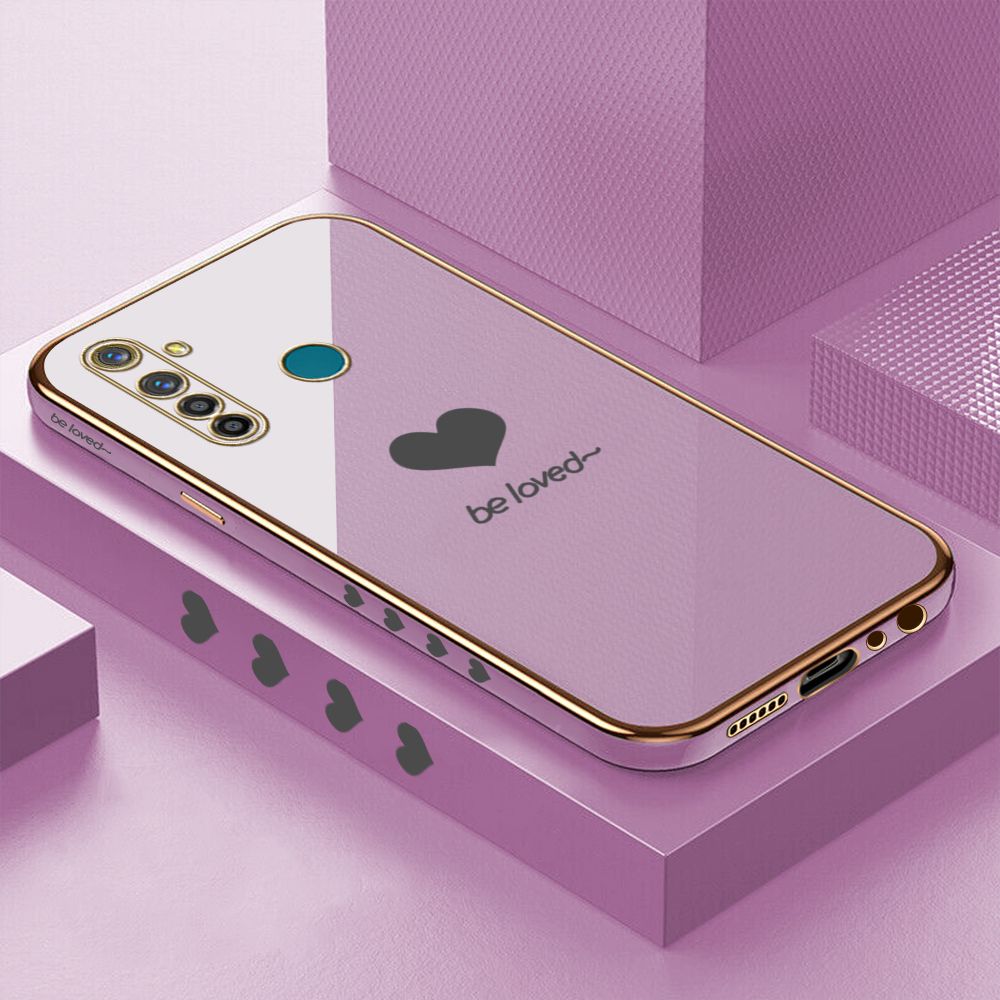 Luxury 6D Plating Case for Realme 5 Pro Lover Heart Side Pattern Back Cover Soft Silicone Square Phone Cases + Free Lanyard