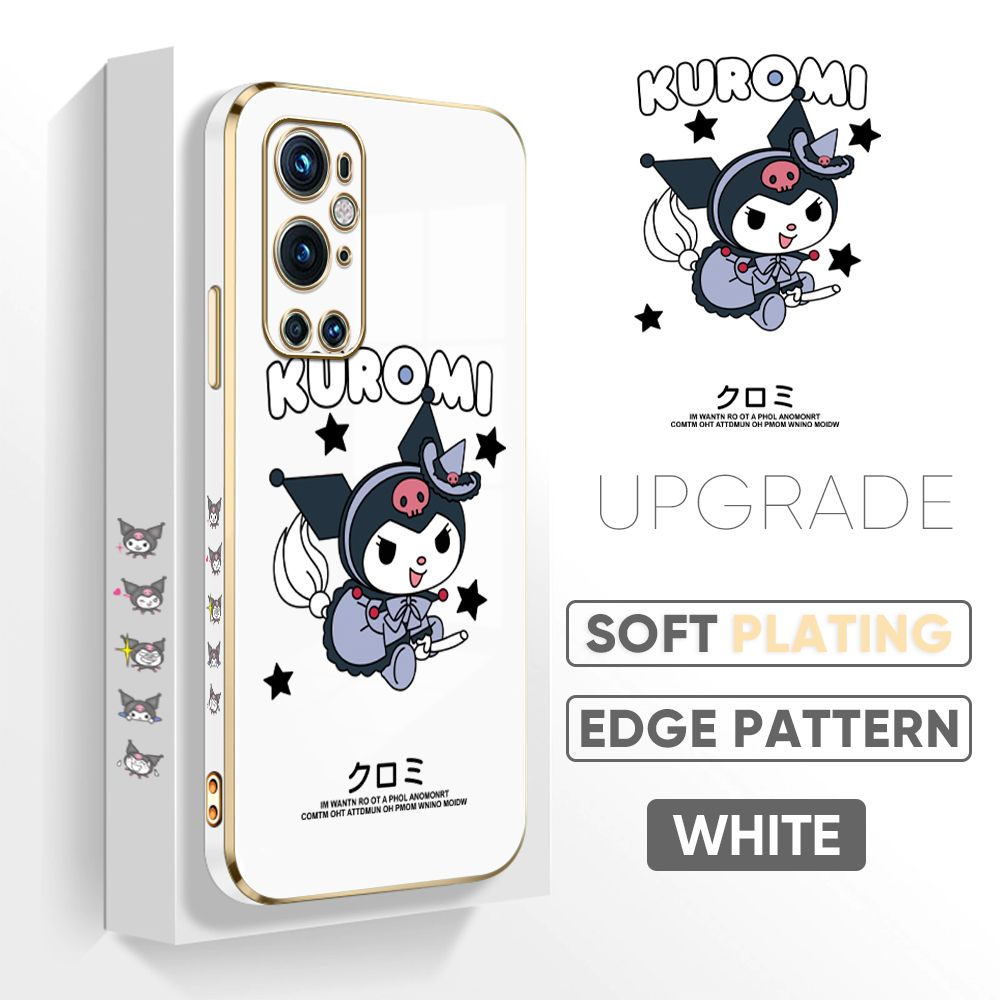 Jizetin (Free Lanyard) OnePlus 9 Pro Cover Cute Kuromi Luxury 6D Plating Soft Casing Silicone Square Frame Phone Case Shiny Bling Back Cover