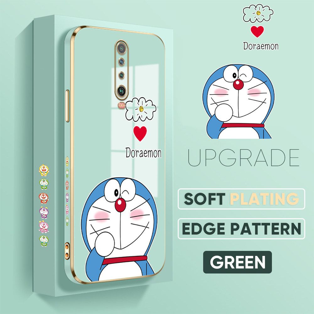 UCUC for Xiaomi Poco X2 / Redmi K30 Back Cover + Free Lanyard Sneak Doraemon Luxury 6D Plating Case Side Pattern Soft Silicone Square Phone Cases