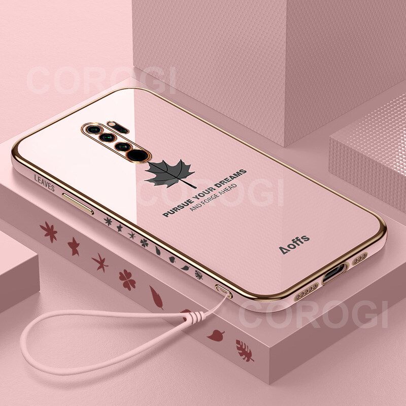 For Xiaomi POCO M2 / POCO M2 Reloaded / Redmi 9 Cover + Wrist Strap Fashion Shiny Maple leaf Plating Square Bumper Phone Case Soft TPU Silicone Shockproof Protective Back Cover