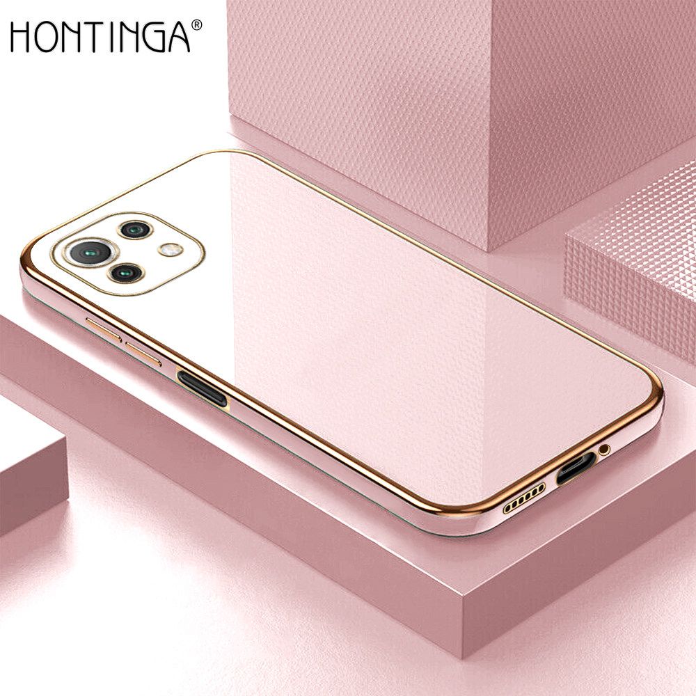 Hontinga for Xiaomi 11 Lite 4G / 5G / 11 Lite 5G NE Back Cover + Free Lanyard Luxury 6D Plating Frame Shiny Bling Case Soft Silicone Square Mobile Cover