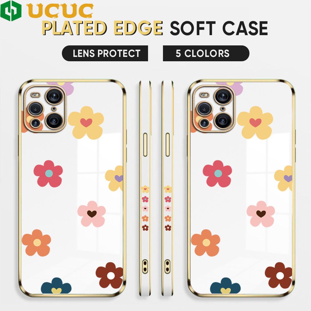 UCUC for OPPO Find X3 / Find X3 Pro Back Cover + Free Lanyard INS Style Flower Luxury 6D Plating Case Side Pattern Soft Silicone Square Phone Cases