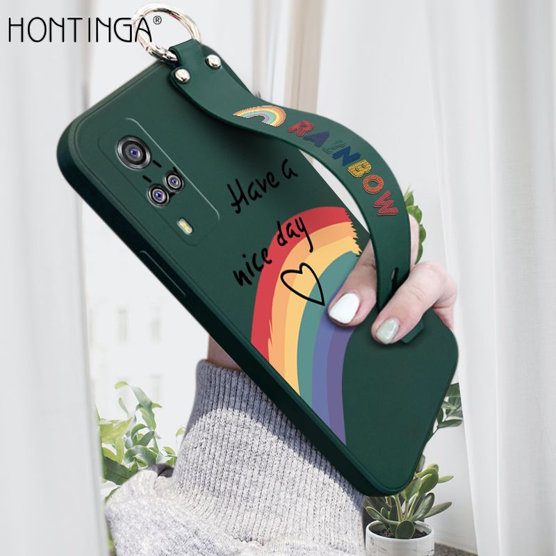 Hontinga for Vivo Y31 2021 / Y51A 2021 / Y53S 4G / Y51 2020 Wrist Strap Case Lovely Graffiti Rainbow Smile Cover Trend Square Printed Pattern Liquid Silicone Phone Case