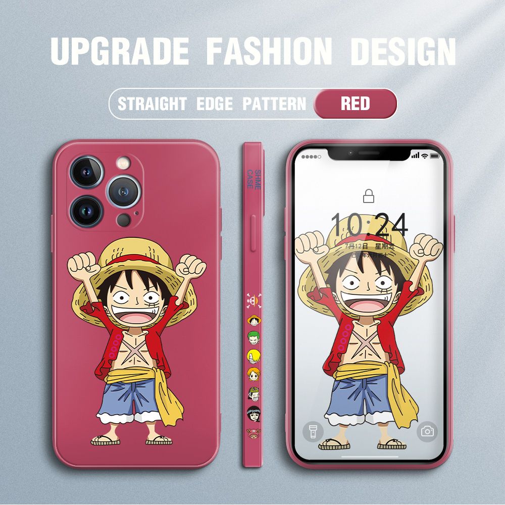 Jizetin for iPhone 13 Pro Case Anime One-Piece Monkey D. Luffy Anime Side Design Phone Case Square Edge Pattern Liquid Silicone Cases Full Cover Camera Shockproof Protective Case