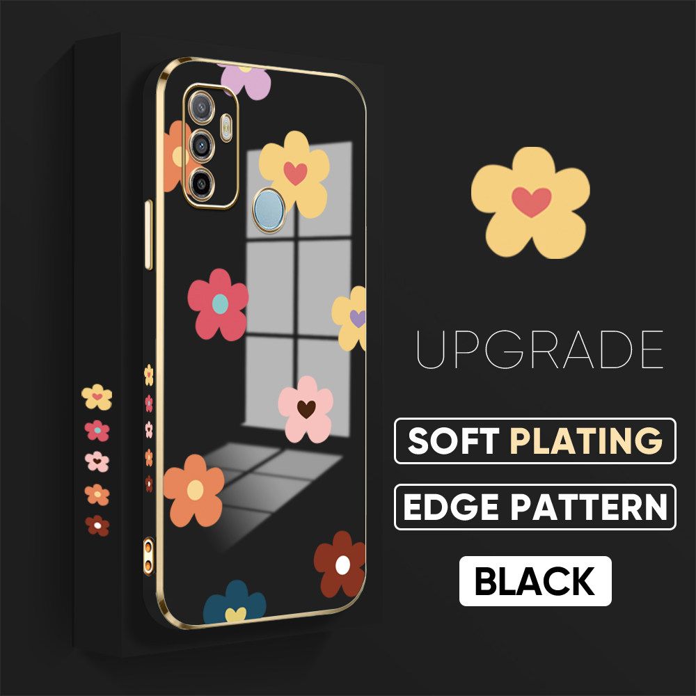 TA for OPPO A53 2020 / A33 2020 Back Cover + Free Lanyard Falling Flowers Luxury 6D Plating Case Side Pattern Soft Silicone Square Phone Cases