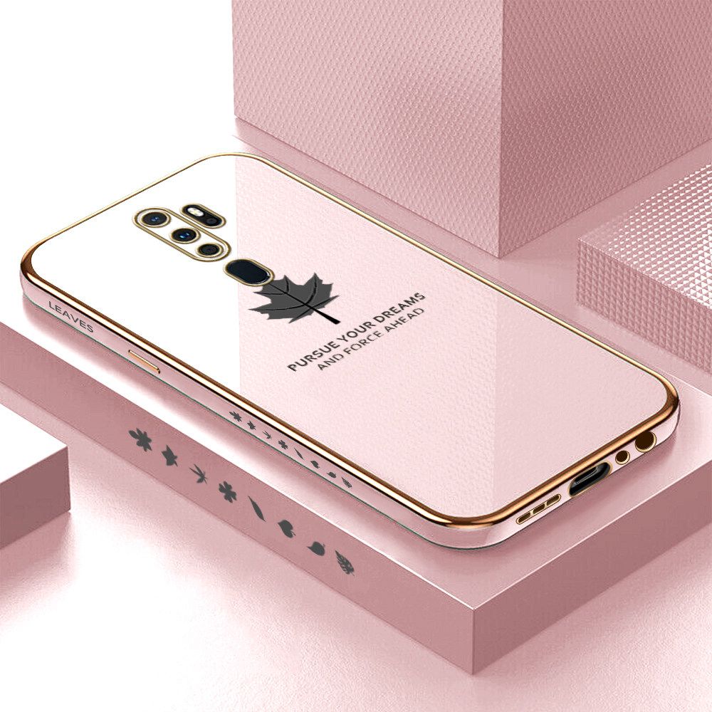 Luxury 6D Plating Soft Casing Silicone Square Frame Phone Case For OPPO A5 2020 Case Shiny Bling Back Cover New Maple Leaf Square Edge Pattern Design Soft Case + Free Lanyard
