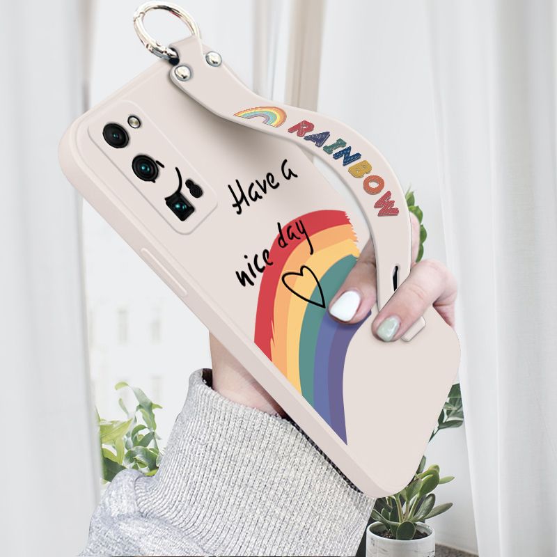 Hontinga for Honor 30 Pro Wrist Strap Case Lovely Graffiti Rainbow Smile Thin Phone Cover Square Edge Liquid Silicone Creativity Phone Case