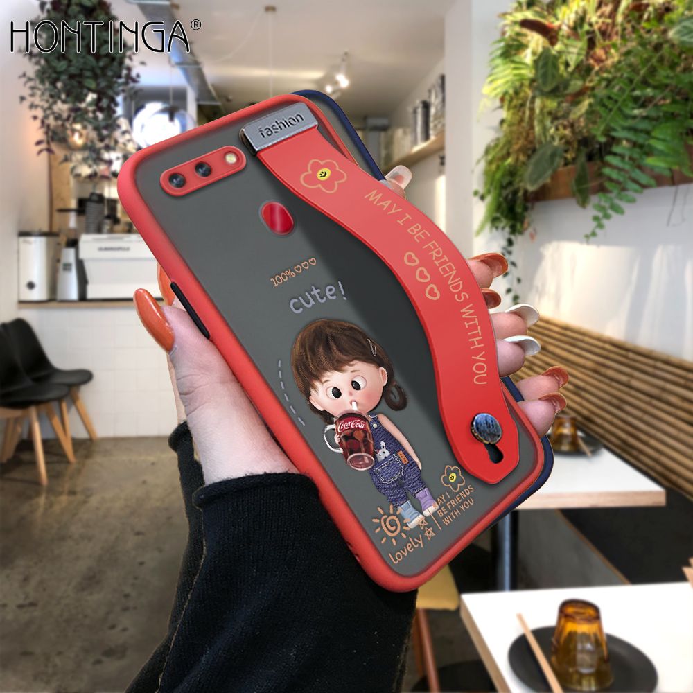 Hontinga for OPPO R15 Back Cover With Wristband Cola Girl Phone Casee Full Lens Protection Thin Frosted Cases
