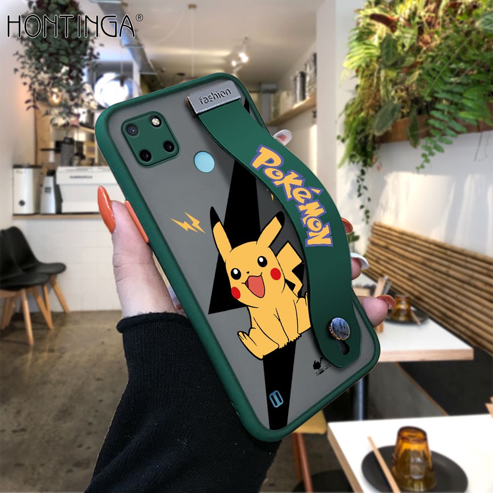 Hontinga for Realme C21Y C25Y Back Cover With Wristband Cartoon Pikachu Phone Casee Full Lens Protection Thin Frosted Cases