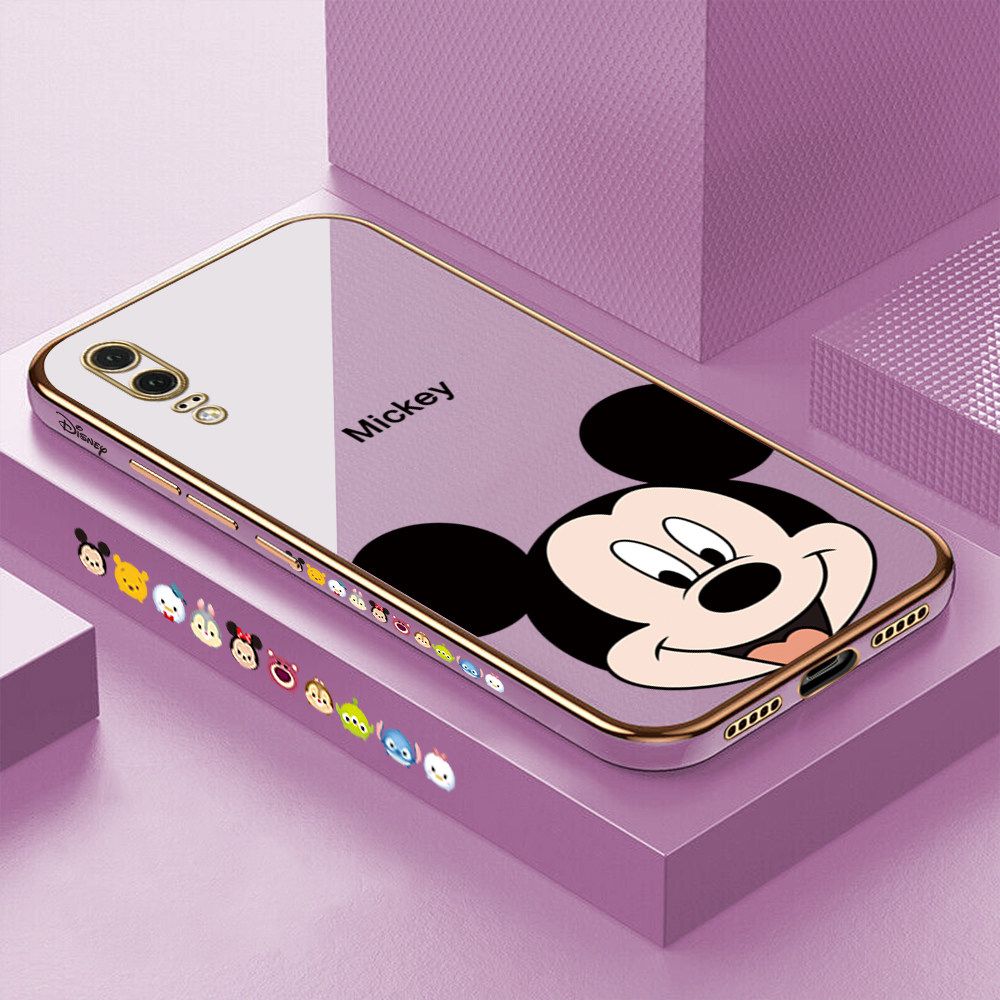 Luxury 6D Plating Soft Casing Silicone Square Frame Phone Case For Huawei P20 Case Shiny Bling Back Cover Cartoon Big Head Mouse Square Edge Pattern Design Soft Case + Free Lanyard