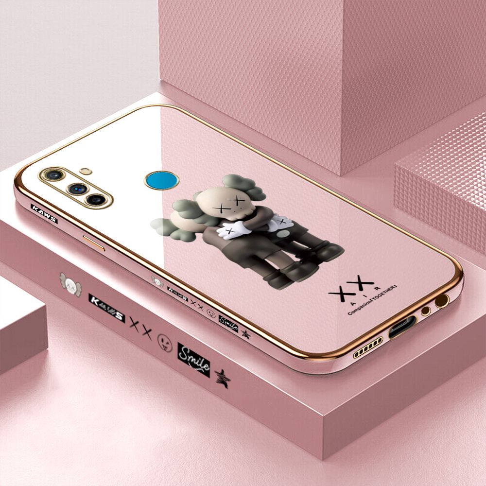 Luxury 6D Plating Case for Realme C3 Cute Cartoon Hugging Bear Side Pattern Back Cover Soft Silicone Square Phone Cases + Free Lanyard