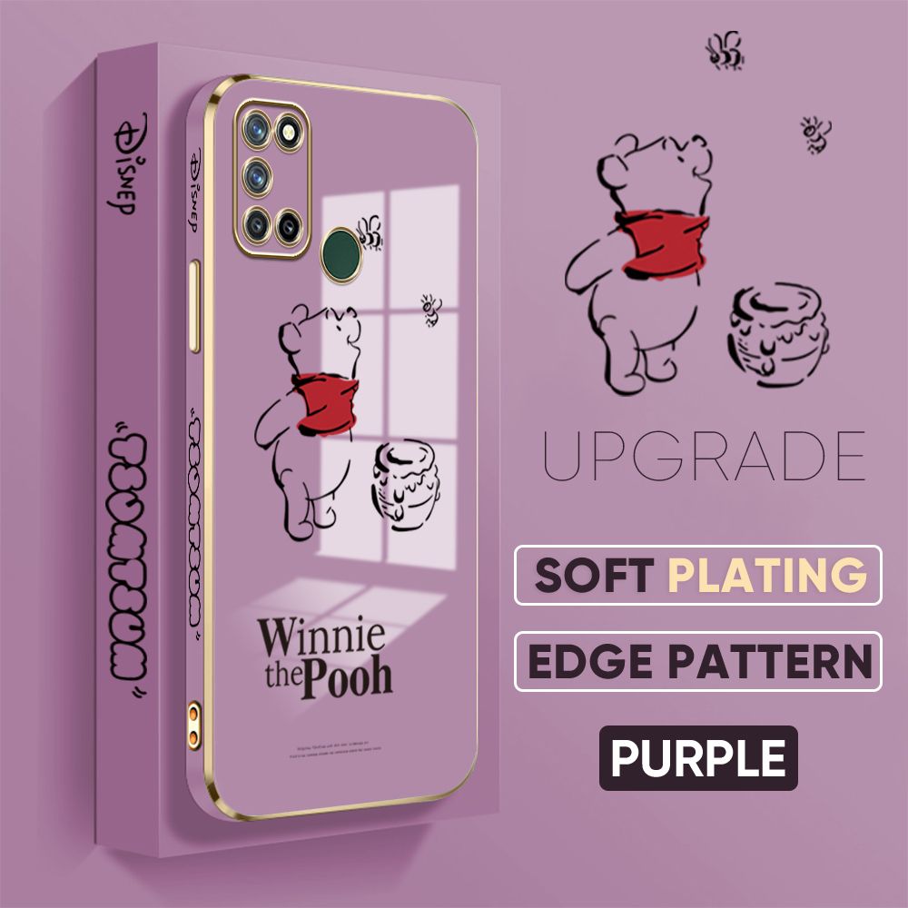 Jizetin (Free Lanyard) Realme C17 / Realme 7i Back Cover Honeypot Pooh Luxury 6D Plating Case Side Pattern Soft Silicone Square Mobile Phone Cases