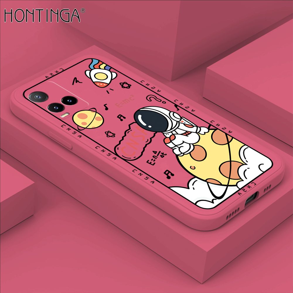 Hontinga for Vivo Y21 2021 Case Cartoon Astronauts Phone Case Phone Case Soft Square Edge Silicone Cases Full Lens Cover Shockproof Protection Cover