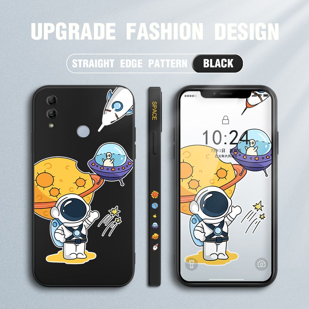 Jizetin for Honor 10 Lite Case Side Design Phone Cover Moon Space Astronaut Cover Square Edge Pattern Liquid Silicone Trend Case