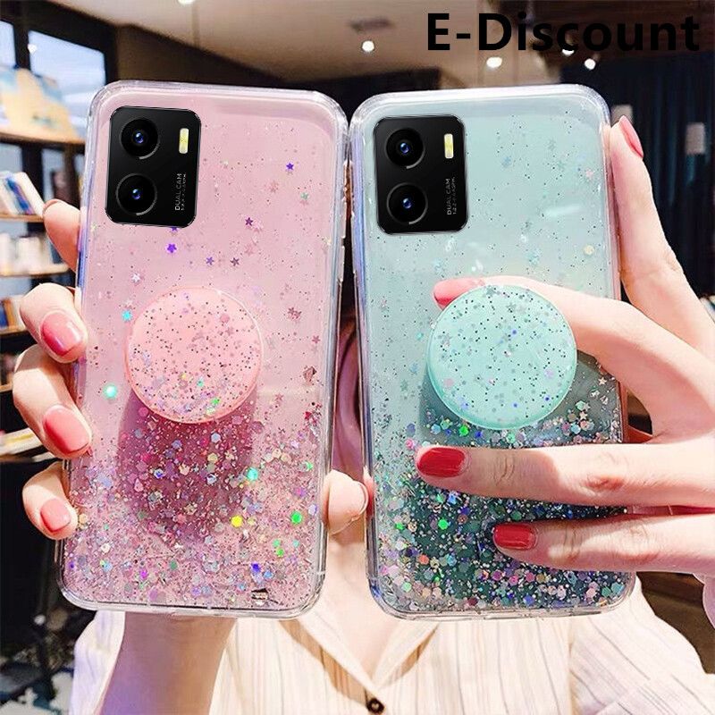 For VIVO Y15S Case Shiny Ring Glitter Soft Transparent Holder Stand Case with String Glitter Space Stars Moon VIVO Y15S Back Cover