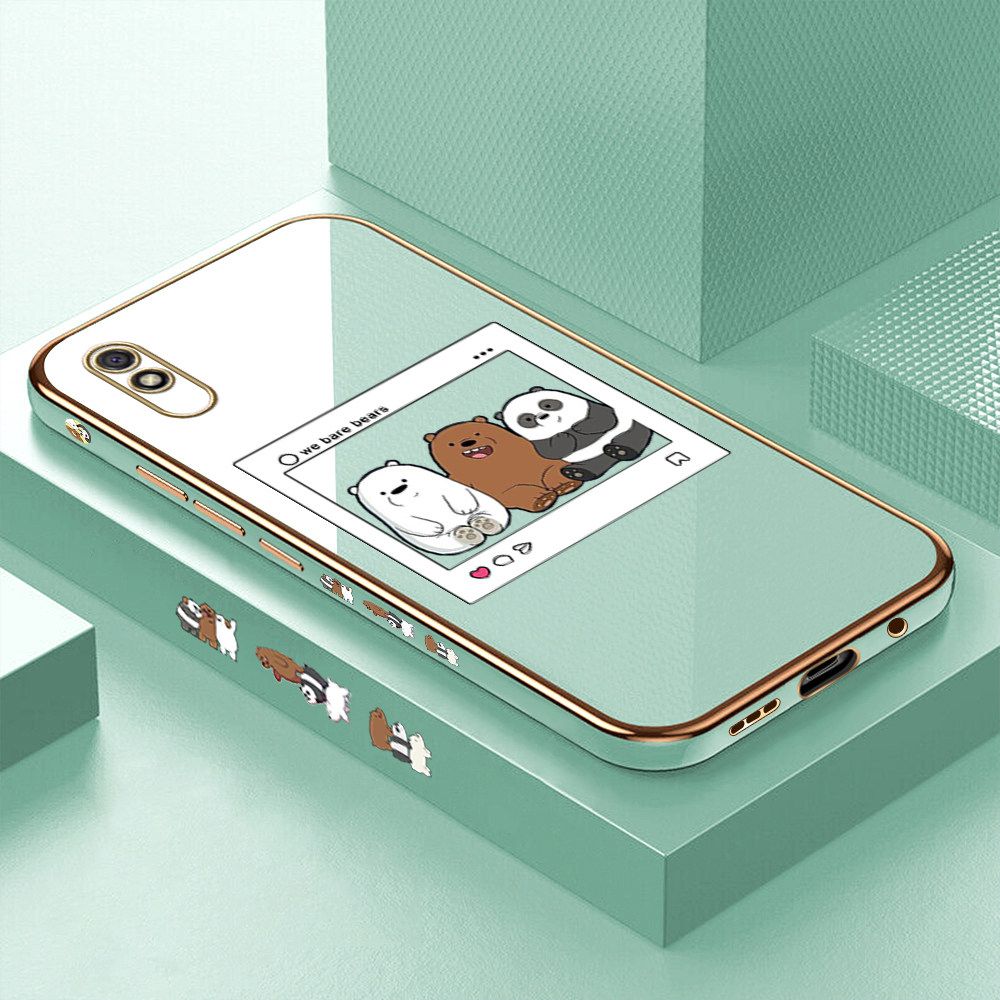 Luxury 6D Plating Case for Redmi 9A Cute Cartoon Anime Bears Side Pattern Back Cover Soft Silicone Square Frame Shiny Bling Phone Cases + Free Lanyard