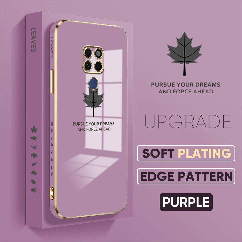 Jizetin (Free Lanyard) Huawei Mate 20 Luxury 6D Plating Soft Casing Silicone Square Frame Phone Case Shiny Bling Back Cover Maple leaf New design Side Drawing Case