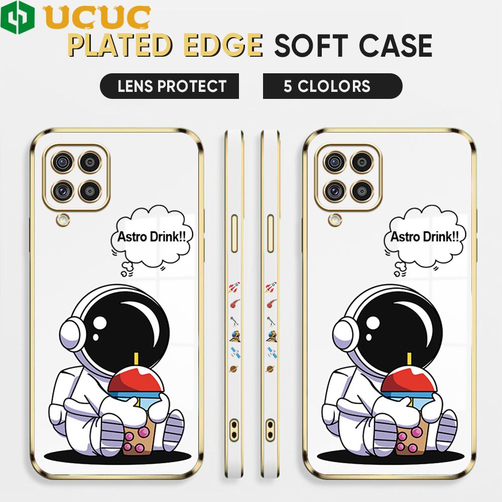 UCUC for Samsung Galaxy M62 F62 Back Cover + Free Lanyard Cute Astronaut Luxury 6D Plating Case Side Pattern Soft Silicone Square Phone Cases