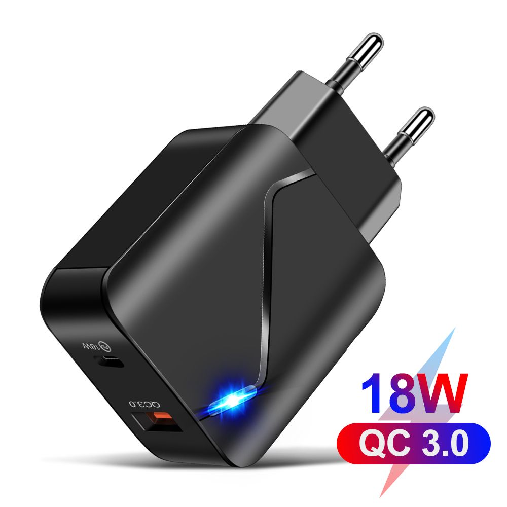 PD 18W QC3.0 USB Phone Charger Fast Charging Dual Port LED Travel Charger Simple Fidelity design