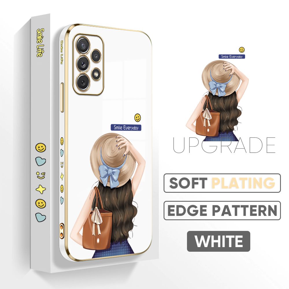 Jizetin (Free Lanyard) Samsung Galaxy A72 / A72 5G Back Cover Girl In Hat Luxury 6D Plating Case Side Pattern Soft Silicone Square Mobile Phone Cases